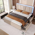 Beige gepolstertes Doppelbett mit integrierter LED-Beleuchtung und unterbettigen Staurschubladen 140x200cm