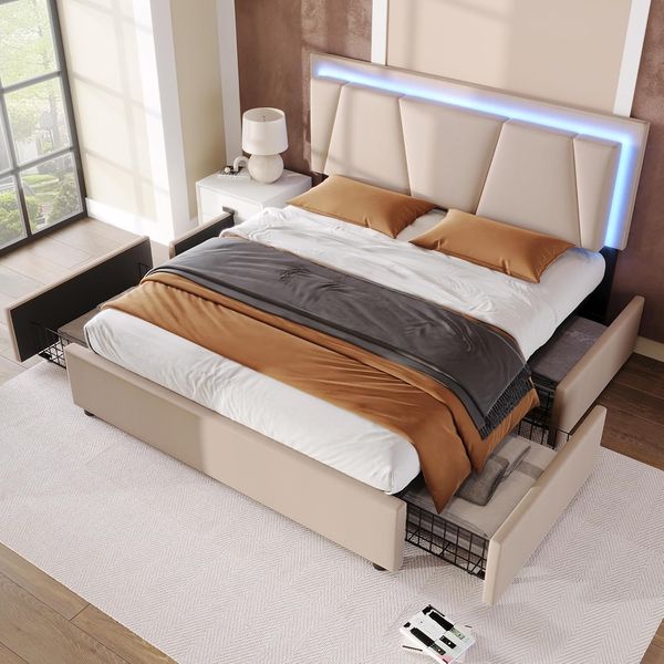 Beige gepolstertes Doppelbett mit integrierter LED-Beleuchtung und unterbettigen Staurschubladen 140x200cm