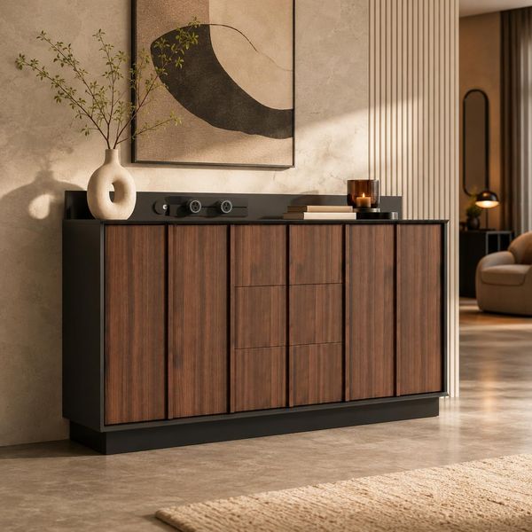 Hochglanzschwarzes Sideboard mit Holzdekor aus MDF und Spanplatte, drei Schubladen, zwei Turen, integrierte Steckdose und Kabelfach, Hohe 92cm Breite 150cm