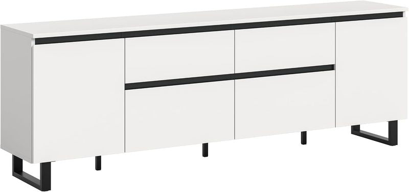 Modernes Fernseh-Lowboard aus weissem Melamin und schwarzen Akzenten mit Media-Stauraum, dekoratives Funktionsmobel 188x65x36cm