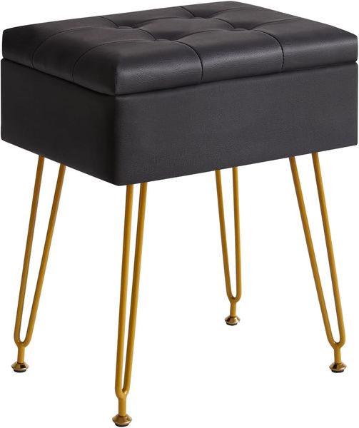 Schwarzer Ottoman-Hocker aus PU-Material mit umklappbarer Tischplatte und innerem Stauraum fur den Schminkbereich