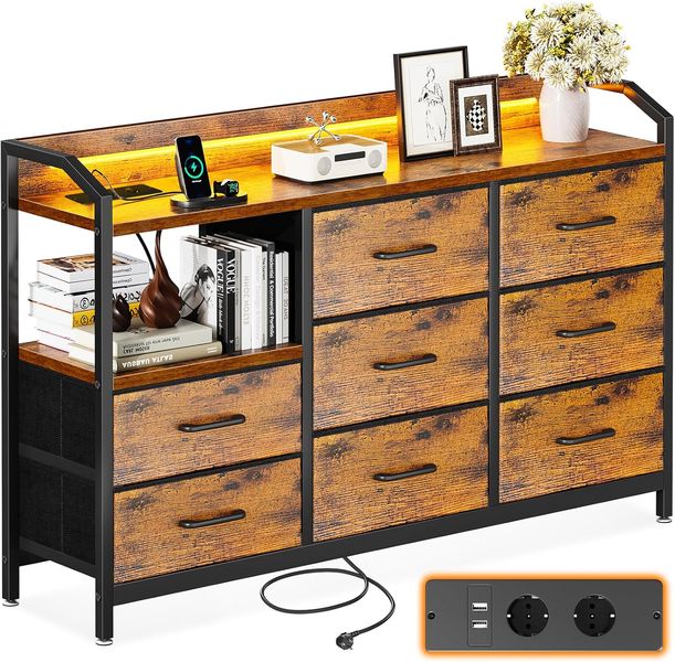 Vintage gestaltete Aufbewahrungskommode mit acht Stoffschubladen, LED-Beleuchtung, zwei USB-Ports und zwei Netzsteckdosen