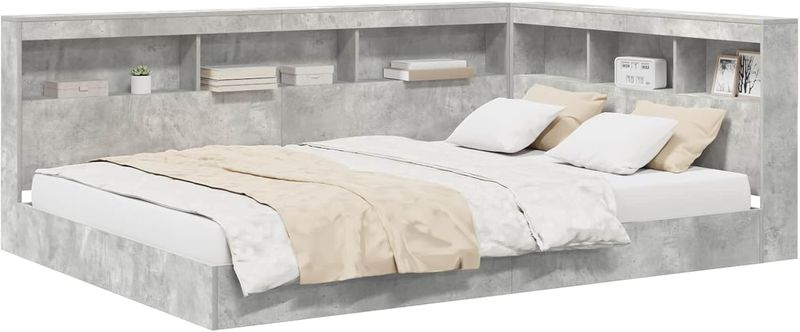 Robustes Bettgestell aus Holzwerkstoff mit integriertem Bucherregal in Betongrau, rechteckige Stauraumkonzeption fur das Schlafzimmer 160x200cm