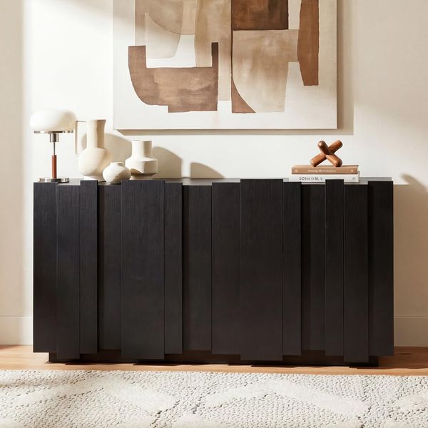 Schwarzes Sideboard mit vier Turen, zweistockigem Stauraum und 3D-Relieffront, Aufbewahrungsmobel fur Flur, Ess- und Wohnzimmer 150x41x78cm