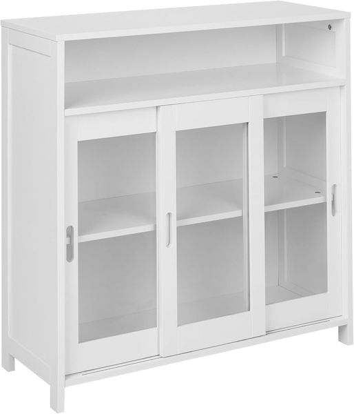 Weisses Sideboard aus MDF-Material mit drei Schiebeturen und oberem Ablagefach, modernes Stauraummobel fur Wohn- und Schlafraume