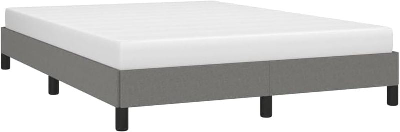 Gepolstertes Doppelbett aus Textilmaterial mit massiven Stutzfussen und Lattenrostkonstruktion, dunkelgraue Polsterung, Schlafzimmerbett 140x200cm