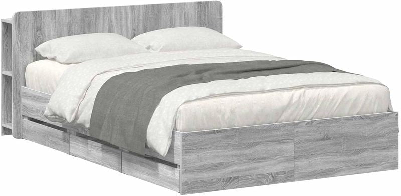 Rechteckiges Stauraumbettgestell aus Holzwerkstoff mit Sonoma-Eiche grauer Optik, platzoptimierte Schlafzimmereinrichtung 140x200cm